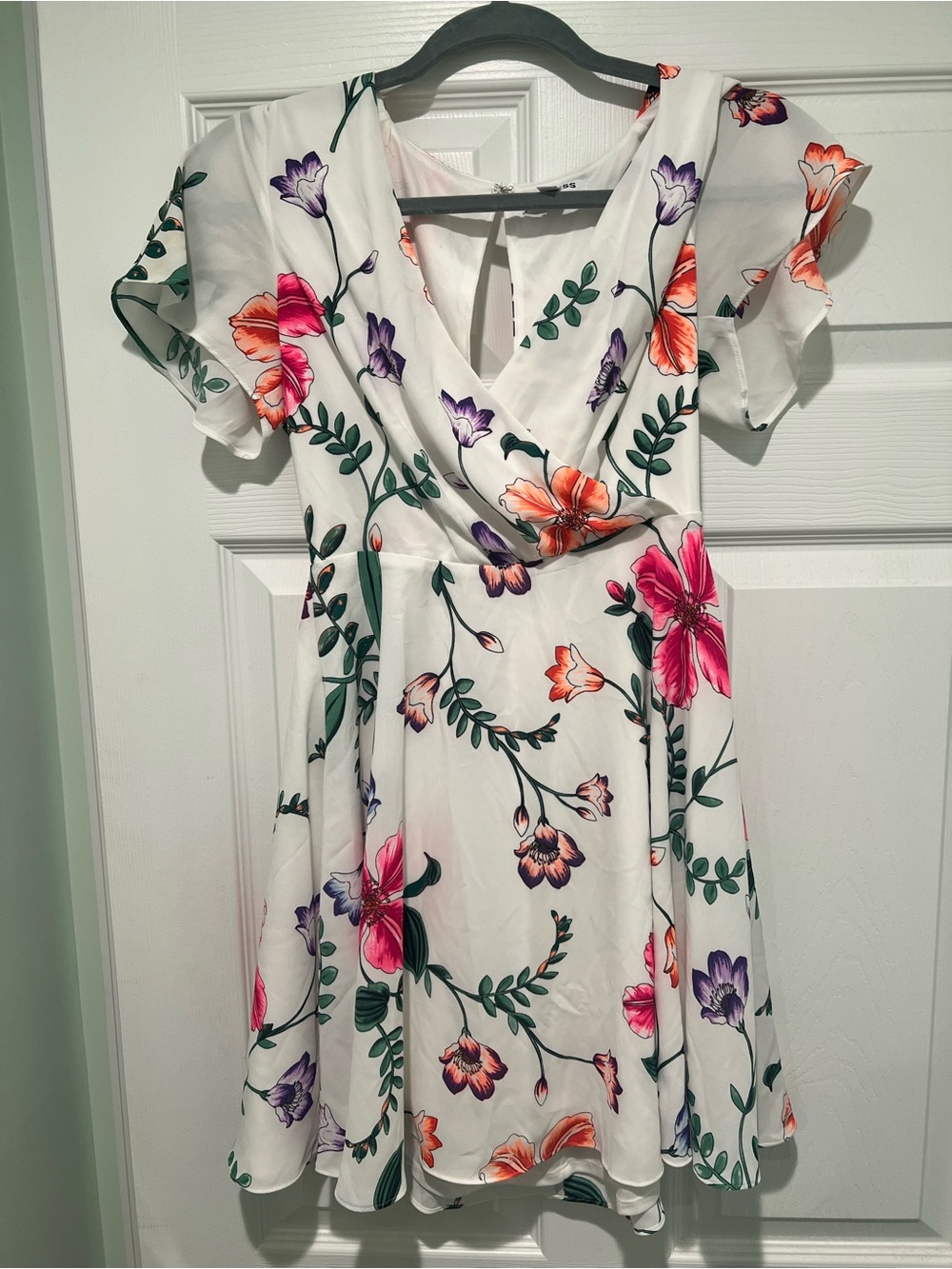 Express White Floral Wrap Mini Dress with Pink, Orange & Purple Blooms